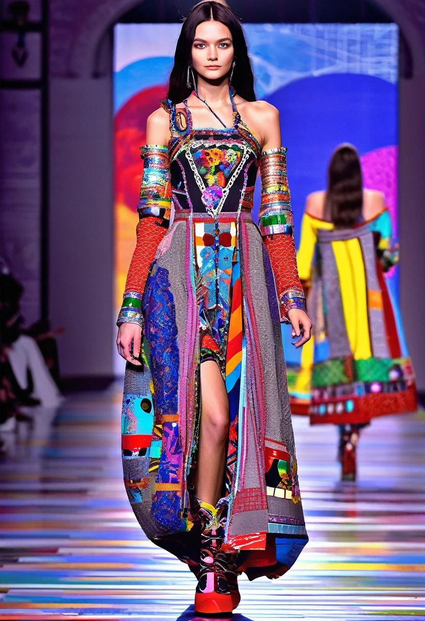 attractive young fashion model, defile, Russian patchwork dress ,catwalk, laser beams, Russian paraphernalia, from the shoulder, Very colorful, estetic,
Best Improvisation, ((Apollonia-Saintclair style!)), ((perfect full body detail)), magic art, protogen, (single shot), crimson/liliac
, ((best quality, Masterpiece)), ((Highest detail)), RAW:1,1, 8k