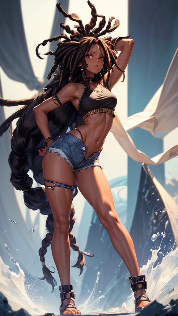 (masterpiece, highest quality, ultra high res, ultra detailed:1.3), 1 cute girl, ideal ratio body proportions, (black fine dreadlocks, dark skin, tanned skin:1.4), white tube top, clothes covered nipples, bare shoulders, bare stomach, blue denim shorts, opened shorts, opened zipper, (white panties:1.2), dynamic pose, armpit,
