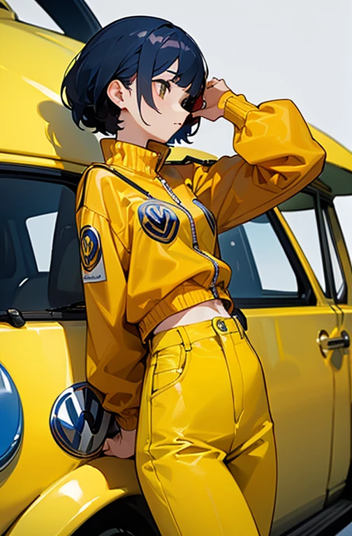 (masterpiece、Highest quality)、woman、((Hit、red))、(Jacket、Yellow jumper)、Navy blue jeans trousers、Future Police、((Background Volkswagen Yellow)).Polis wind、