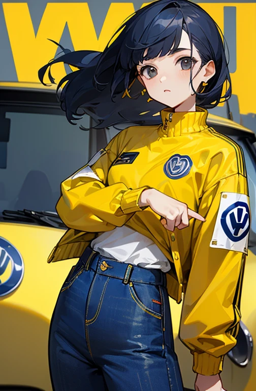 (masterpiece、Highest quality)、woman、((Hit、red))、(Jacket、Yellow jumper)、Navy blue jeans trousers、Future Police、((Background Volkswagen Yellow)).Polis wind、