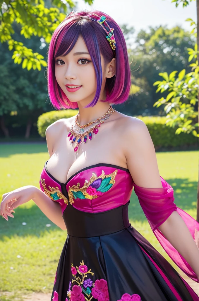 (masterpiece:1.4), (best quality:1.4), ultra high res, ultra high resolution, ((detailed facial features)), HDR, (realistic, photorealistic, photo-realistic:1.37), full body Esbian, sexy Thai model, (-anime), vivid colors, ((vivid colors multicolor (pink, fuchsia, purple) very short hair)), (happy smile), lip-gloss, long lashes, ultra detailed metallic makeup, defined eyebrows, wearing large sparkling colorful jewelery, wearing a red silk Paradise Kiss cosplay dress with black floral embroidery, ((vivid colors outfit)), vivid colors, look at the camera, cinematic light, large park background with trees, sweet and sexy pose