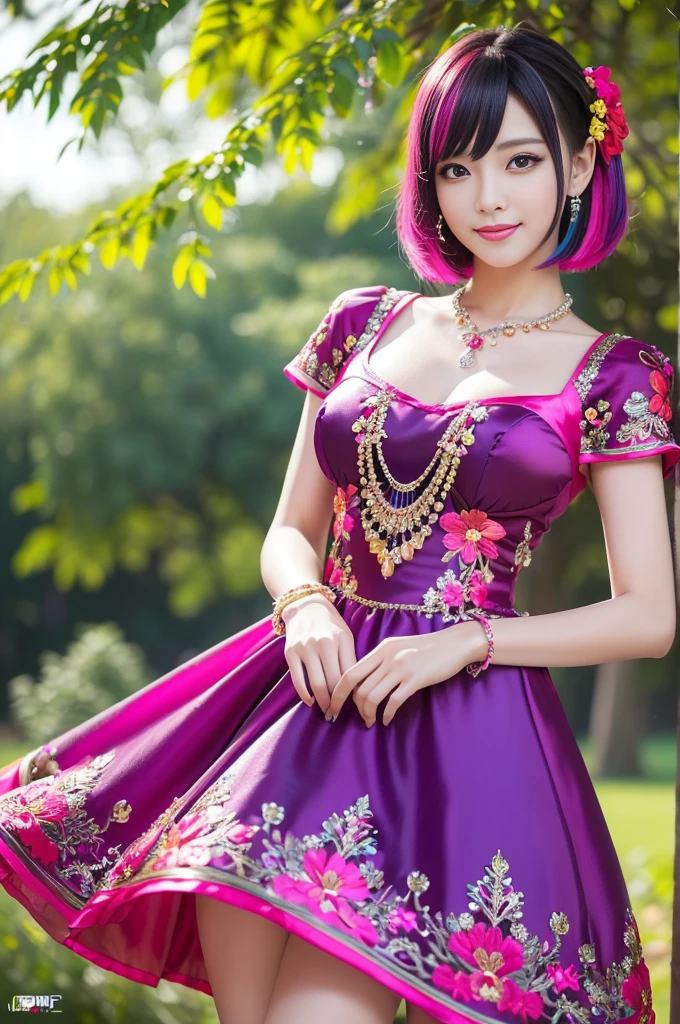 (masterpiece:1.4), (best quality:1.4), ultra high res, ultra high resolution, ((detailed facial features)), HDR, (realistic, photorealistic, photo-realistic:1.37), full body Esbian, sexy Thai model, (-anime), vivid colors, ((vivid colors multicolor (pink, fuchsia, purple) very short hair)), (happy smile), lip-gloss, long lashes, ultra detailed metallic makeup, defined eyebrows, wearing large sparkling colorful jewelery, wearing a red silk Paradise Kiss cosplay dress with black floral embroidery, ((vivid colors outfit)), vivid colors, look at the camera, cinematic light, large park background with trees, sweet and sexy pose