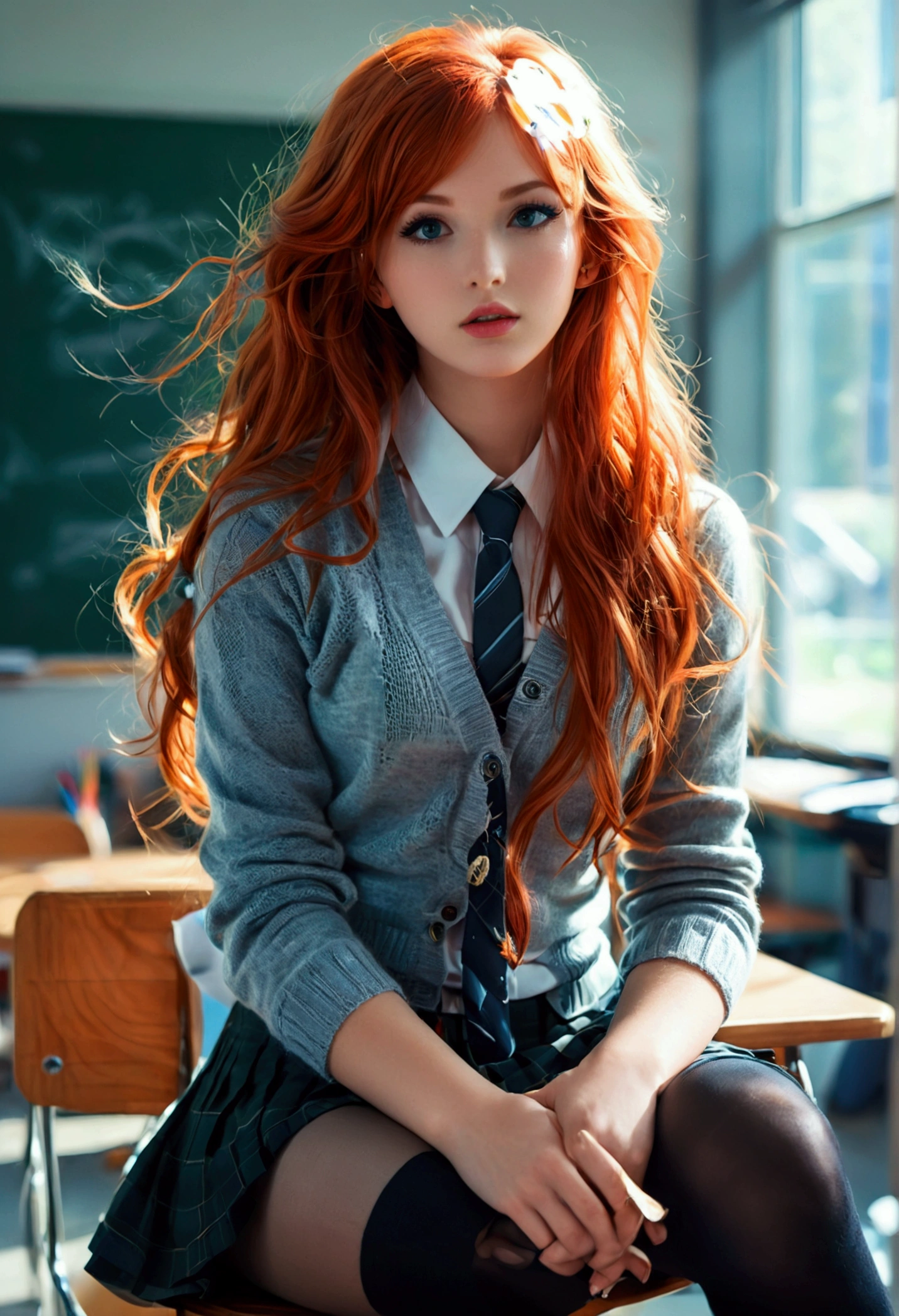 ultra realistic, photography, long red hair, girl, 24 years old, hourglass figure, perfect body, small breasts, Flirty look, extremely detailed artgerm, in the style artgerm, facing the camera, lens 35 mm, blur background, wearing a school girl outfit (cardigan, skirt, black thigh socks, a tie), sitting in classroom, sitting on a chair behind her desk, looking sedcutivly, playing with a strand of her hair, legs crossed, cleavage,