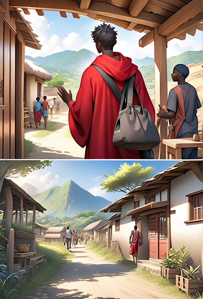 Ultra Realistic, Highly Defined Details, outside the village, African tribal Family Black In the distance, Young adult 18year old, leaving outside the village, family saying goodbye, villagers waving goodbye, Young 18 year old male, in a red cloak, Crimson Decor, Sunlight to Capturing the Mode, Young African Villager, sitting in shady grey area, l leaving the Village, Mountains behind the Village, walking on the trail, village trail out side, view walking, side perspective, leaving the village, waving goodbye, going on a journey, goodbye, has a dagger, out side of the village, outside of the village, on the trail, on the trail, leaving the village, leaving, exiting the village, out side of the village on the trail, not inside the village