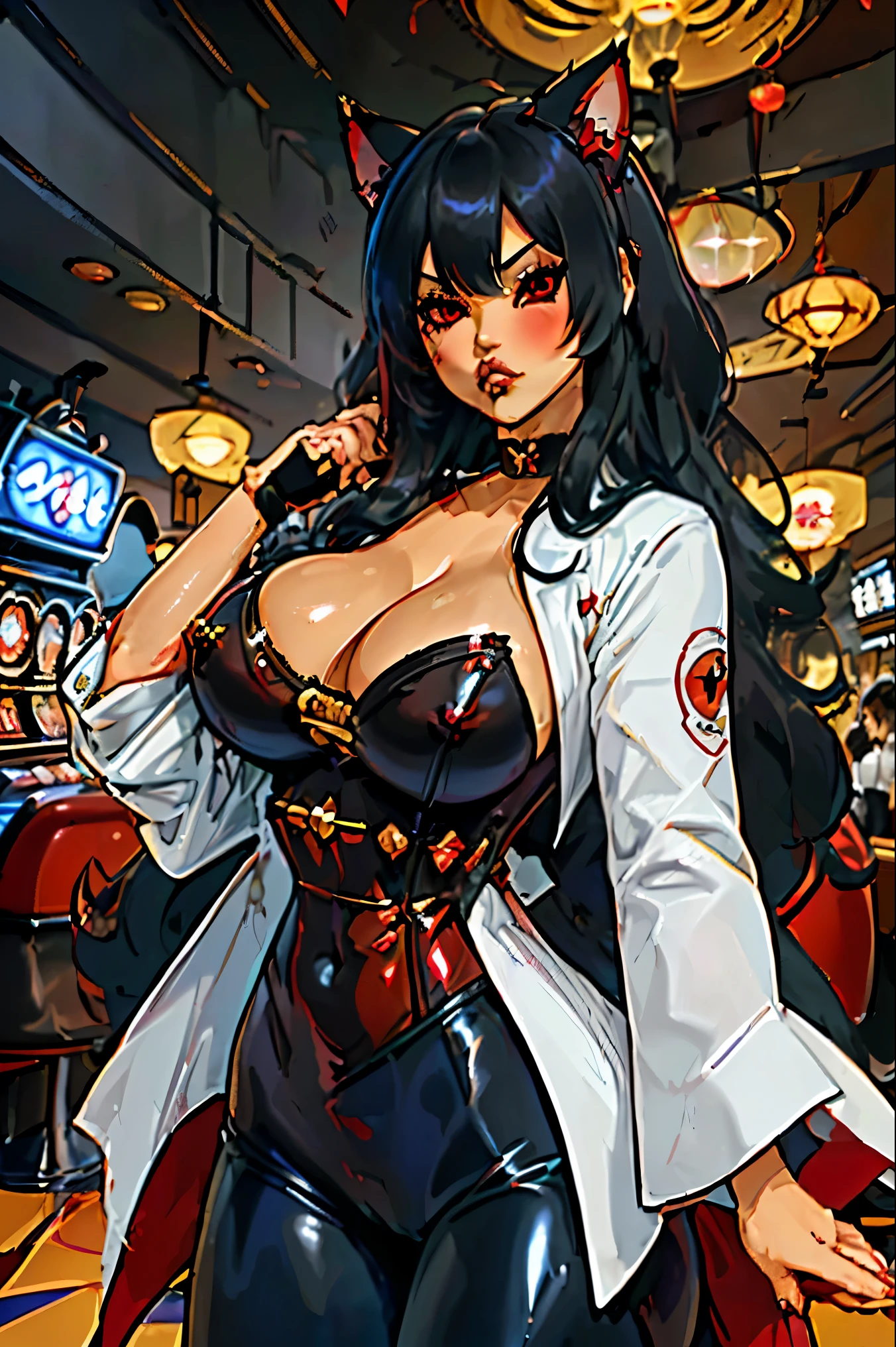 ((junkotvv, black hair, red eyes, extremely long hair, messy hair, neko ears)), kiko,  tanned skin, tanned, 35yo, mature woman, milf, serious, mad, dangerous, white female suit, cleavage, big breasts, suit pants, standing, in a diamond design casino