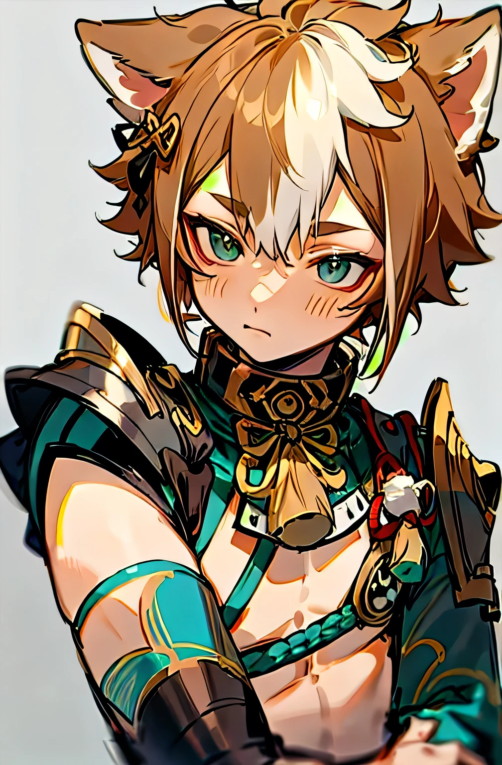 masterpiece, best quality,Goro (Genshin Impact),**********, 1 boy, Male focus, Animal ears, Solitary, Colorful hair, Brown hair, Dog Boy, White hair, tassel, Dog ears, armor, Striped hair, Bangs,  (Gray background:1.4),(knowledge base:0.6)