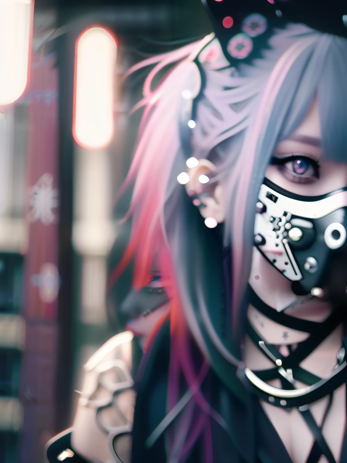 Red-haired、goth_punk, 1girl in, solo, medium shot, Walking in Harajuku, ((during night)), bokeh dof, Neon light, Iridescent eyes, starrysky, Red glowing hair, White eyebrows, Radiant hair, (iridescent white hair), 耳Nipple Ring, bangss, jewely, masks, bluntbangs, verd s eyes, Mouth mask, blurry backround, bblurry, hair adornments, Look at viewers, shorth hair, portraitures, side locks