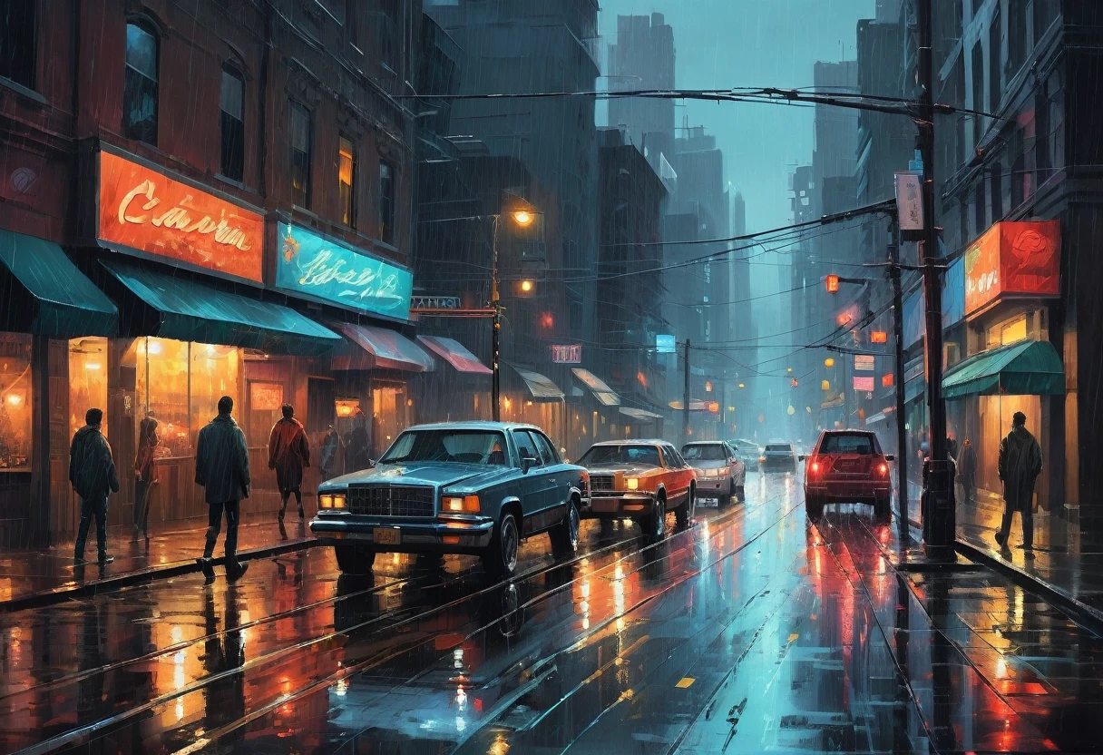 painting of a city street with cars and people walking on the sidewalk, rainy night city street, futuristic city street, beautiful cityscape, rainy urban streets, rainy city at night, city at night in the rain, rainy street, street city night, fantasy cityscape, beautiful oil matte painting, concept art oil painting, oil on canvas. cinematic, rainy cyberpunk city