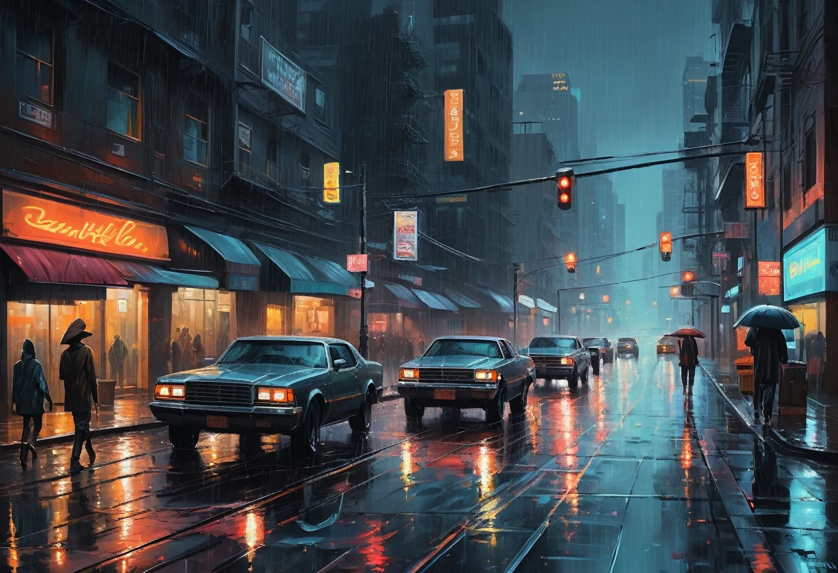 painting of a city street with cars and people walking on the sidewalk, rainy night city street, futuristic city street, beautiful cityscape, rainy urban streets, rainy city at night, city at night in the rain, rainy street, street city night, fantasy cityscape, beautiful oil matte painting, concept art oil painting, oil on canvas. cinematic, rainy cyberpunk city