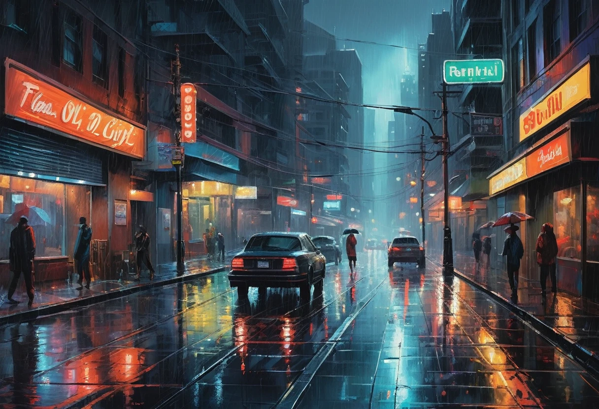 painting of a city street with cars and people walking on the sidewalk, rainy night city street, futuristic city street, beautiful cityscape, rainy urban streets, rainy city at night, city at night in the rain, rainy street, street city night, fantasy cityscape, beautiful oil matte painting, concept art oil painting, oil on canvas. cinematic, rainy cyberpunk city