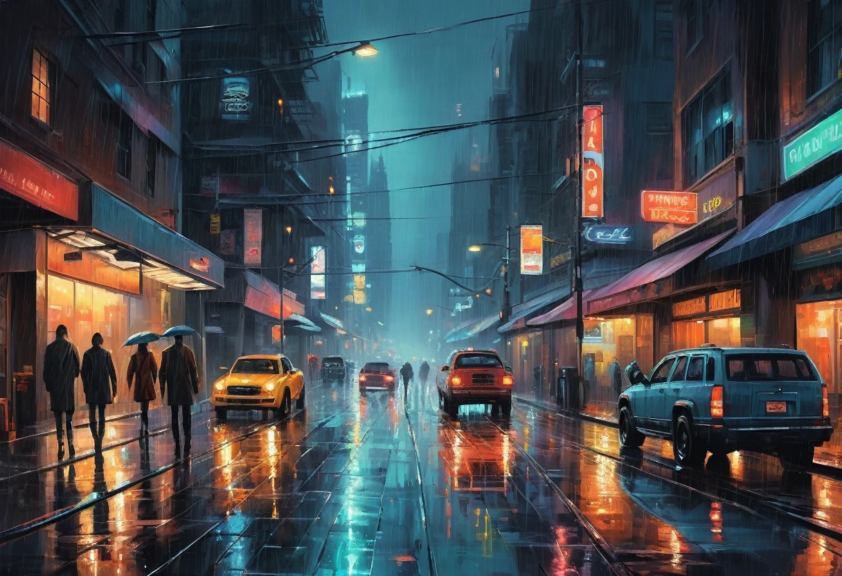 painting of a city street with cars and people walking on the sidewalk, rainy night city street, futuristic city street, beautiful cityscape, rainy urban streets, rainy city at night, city at night in the rain, rainy street, street city night, fantasy cityscape, beautiful oil matte painting, concept art oil painting, oil on canvas. cinematic, rainy cyberpunk city