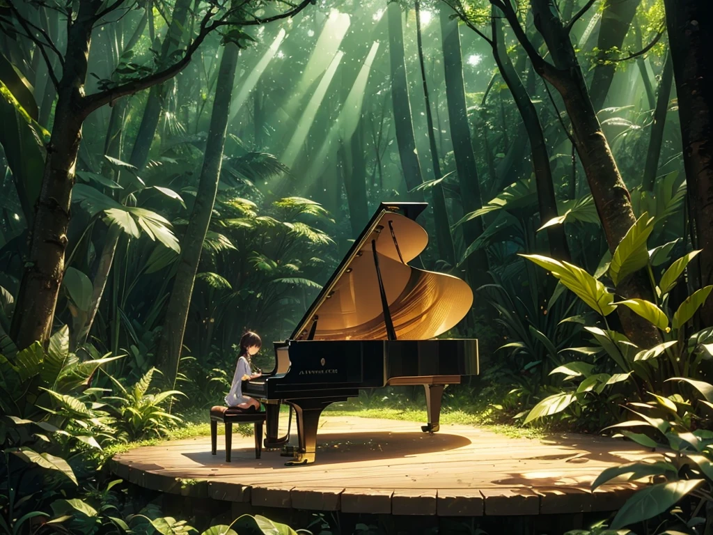 A Shineing white piano,no characters needed,forest,Tall tree々, the Highest quality, Best reflection ever. (Very detailedCG統合8k壁紙), (Highest quality), (Best illustrations), (Best Shadow), forest theme with Natural elements. small Shineing mushrooms surrounded by delicate leaf and branch, with ホタル and Shineing Particle Effects,, (Natural elements), (Jungle theme), (leaf), (branch),(delicate leaf), (Shine), (Particle Effects). , Isometric 3D, Octane Rendering, Ray Tracing, Very detailed、There is a grand piano sitting there.