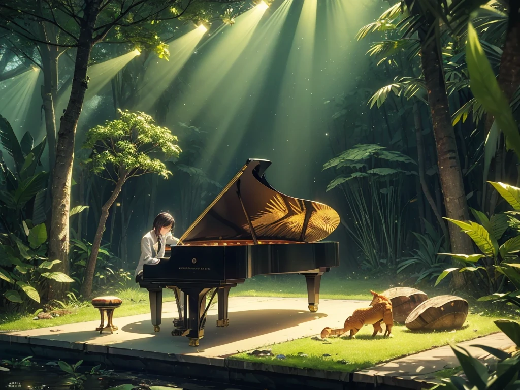 A Shineing white piano，no characters needed，forest，Tall tree々, the Highest quality,  Best reflection ever. (Very detailedCG統合8k壁紙), (Highest quality), (Best illustrations), (Best Shadow), forest theme with Natural elements.   small Shineing mushrooms surrounded by delicate leaf and branch, with ホタル and Shineing Particle Effects,, (Natural elements), (Jungle theme), (leaf), (branch),(delicate leaf), (Shine), (Particle Effects). , Isometric 3D, Octane Rendering, Ray Tracing, Very detailed、There is a grand piano sitting there.