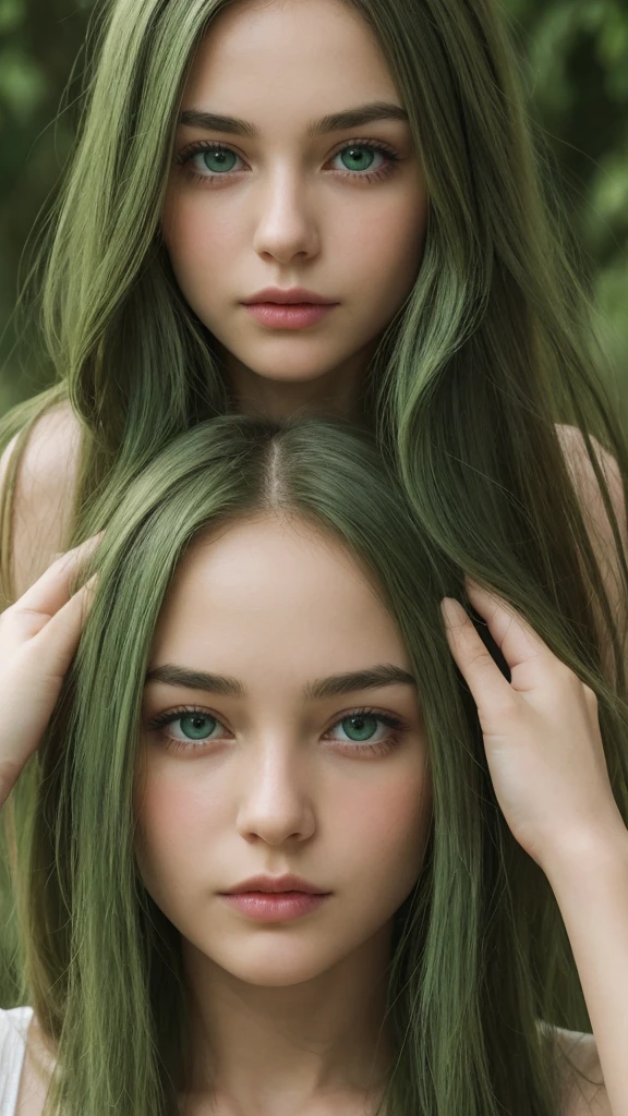 a girl. face sent feeling. Europe. Oval face. long face. delicate facial features. sad eyes. seductively seductive. green eyes. long straight hair. hair tie. messy hair. green hair. shy. straight face