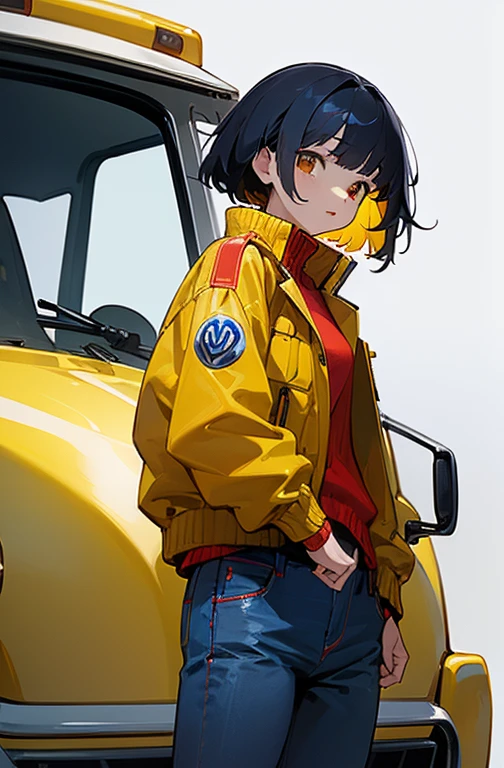 (masterpiece、Highest quality)、woman、((inner、red))、(Jacket、Yellow jumper)、Navy blue jeans trousers、Future Police、((Background Volkswagen Yellow)).Polis wind、