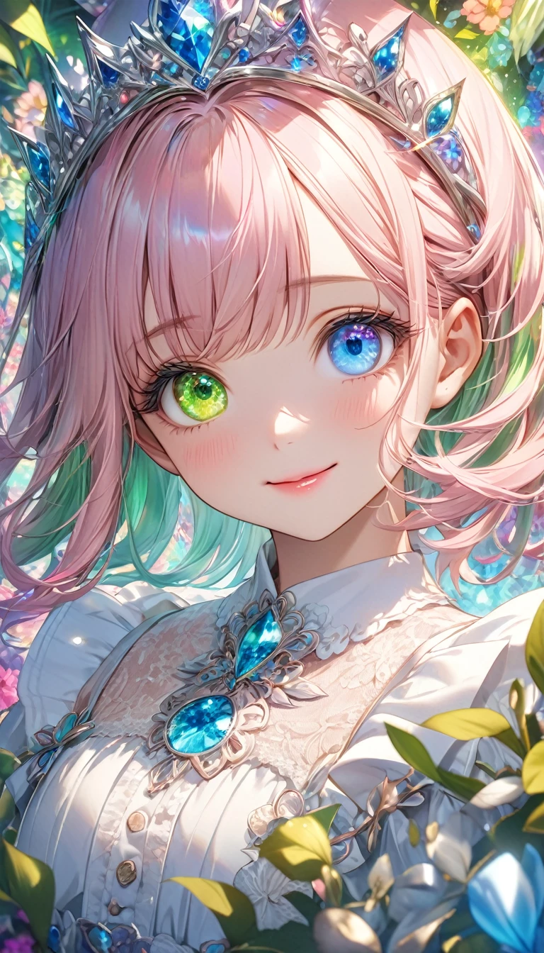 Psychedelic world、Commemorative photo、White rough shirt、beautiful girl、Lolita、15-year-old girl, 1 cute girl、(Facing forward), (Looking at this), (Very delicate and beautiful face)、(Beautiful eyes in every detail)、((((Heterochromia Iridum - Green and Blue Eye Color))))、Through the bangs, Pale pink hair, Beautiful attention to detail, Beautiful lip detail, Highly detailed face, Attractive eyes, Long eyelashes, smile, Shy, One Girl, tiara, Digital Art, pastel colour, Soft lighting, Cinematic, romantic, Baby Doll、Framing above the chest、Colorful gel background、Fractal Floral Background、Sparkling、Perfect lighting、Sharp focus、High resolution、High resolution、High color rendering、High resolution、Ultra-realistic、Realistic