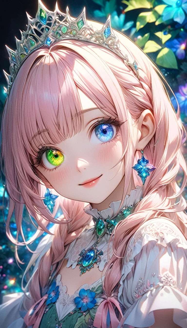 Psychedelic world、Commemorative photo、White rough shirt、beautiful girl、Lolita、15-year-old girl, 1 cute girl、(Facing forward), (Looking at this), (Very delicate and beautiful face)、(Beautiful eyes in every detail)、((((Heterochromia Iridum - Green and Blue Eye Color))))、Through the bangs, Pale pink hair, Beautiful attention to detail, Beautiful lip detail, Highly detailed face, Attractive eyes, Long eyelashes, smile, Shy, One Girl, tiara, Digital Art, pastel colour, Soft lighting, Cinematic, romantic, Baby Doll、Framing above the chest、Colorful gel background、Fractal Floral Background、Sparkling、Perfect lighting、Sharp focus、High resolution、High resolution、High color rendering、High resolution、Ultra-realistic、Realistic