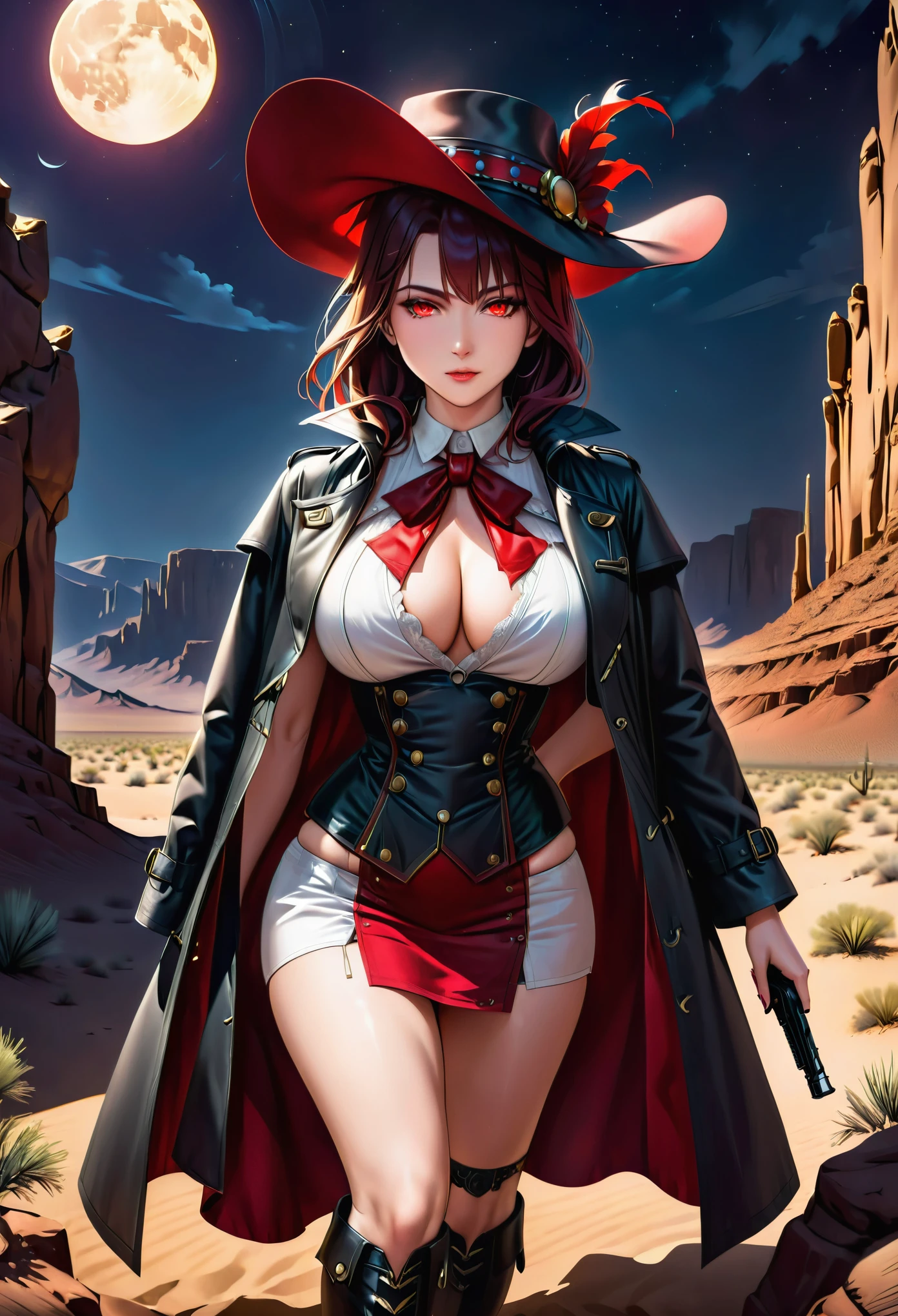 (wild west photograph style: 1.5) picture of a female vampire cowboy in the desert night, a goth beauty, exquisite beautiful female vampire, ((anatomically correct: 1.5), (ultra detailed face: 1.2), best detailed face, red glowing eyes, full body, busty, wearing white bottom shirt, short skirt, dynamic color. wearing (cowboy hat: 1.2), wearing high heeled boots, wearing open black trench coat, flowing trench coat, she has a (pistol in a holster: 1.1), it is night time in the desert, moon light. moon rays, west America desert canyon background, Hyperrealism style, vibrant, Ultra-high resolution, High Contrast, (masterpiece:1.5), highest quality, Best aesthetics), best details, best quality, highres, ultra wide angle, 16k, [ultra detailed], masterpiece, best quality, (extremely detailed) RAW, chumbasket art style, rpg portrait photograph, BloodSoakedAI, victorianstyle