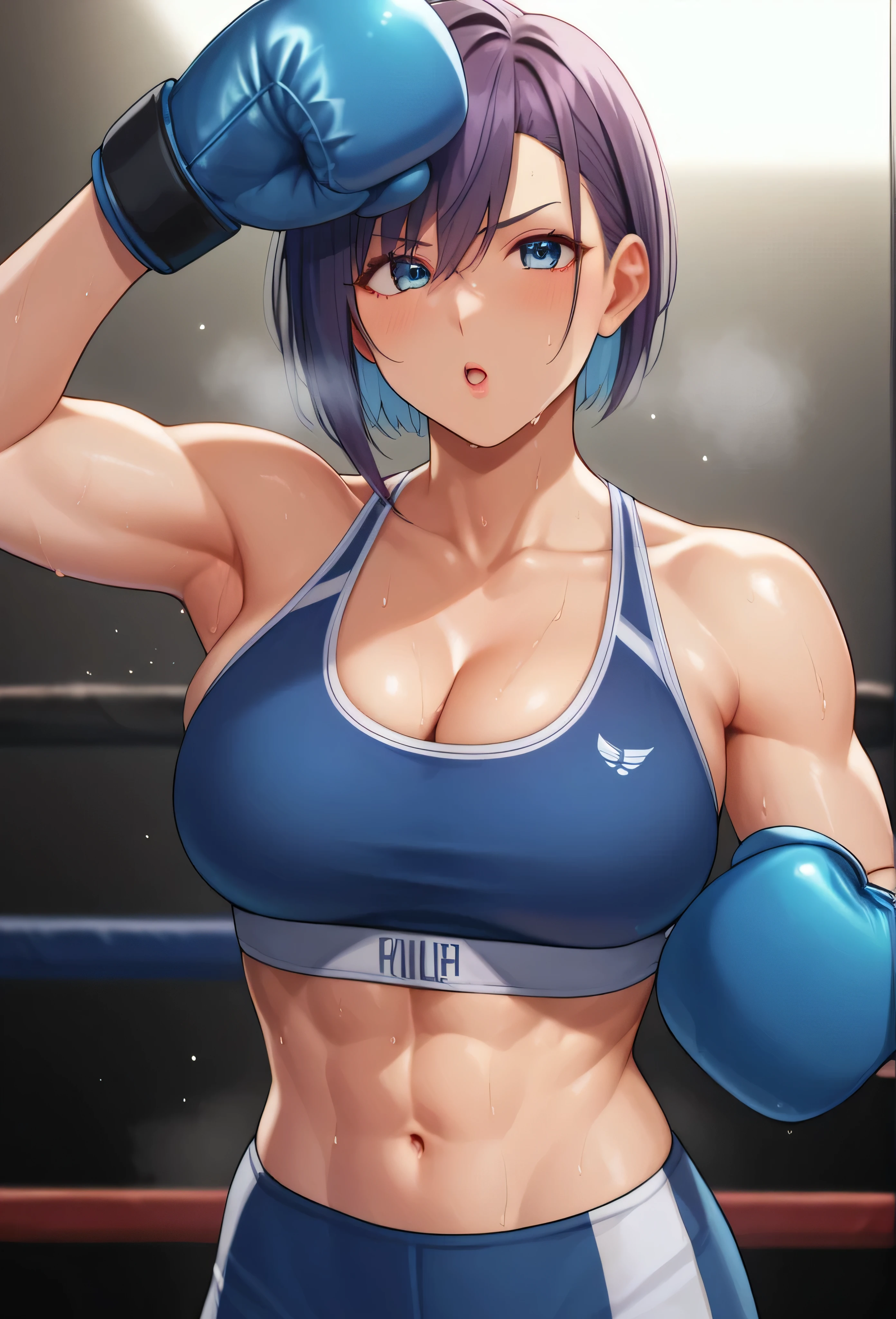 1girl, sports bra, boxing gloves, sweating