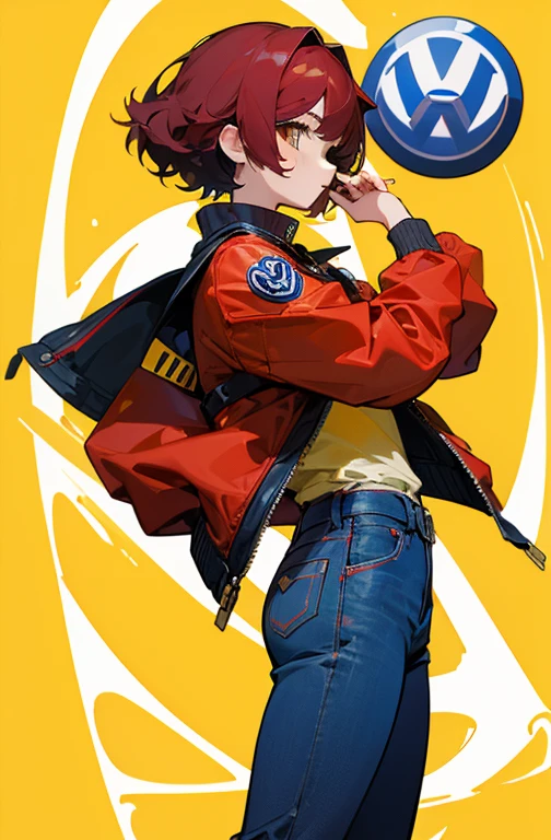 (masterpiece、Highest quality)、woman、((inner、red))、(Jacket、Yellow jumper)、Navy blue jeans trousers、Future Police、((Background Volkswagen Yellow)).Polis wind、