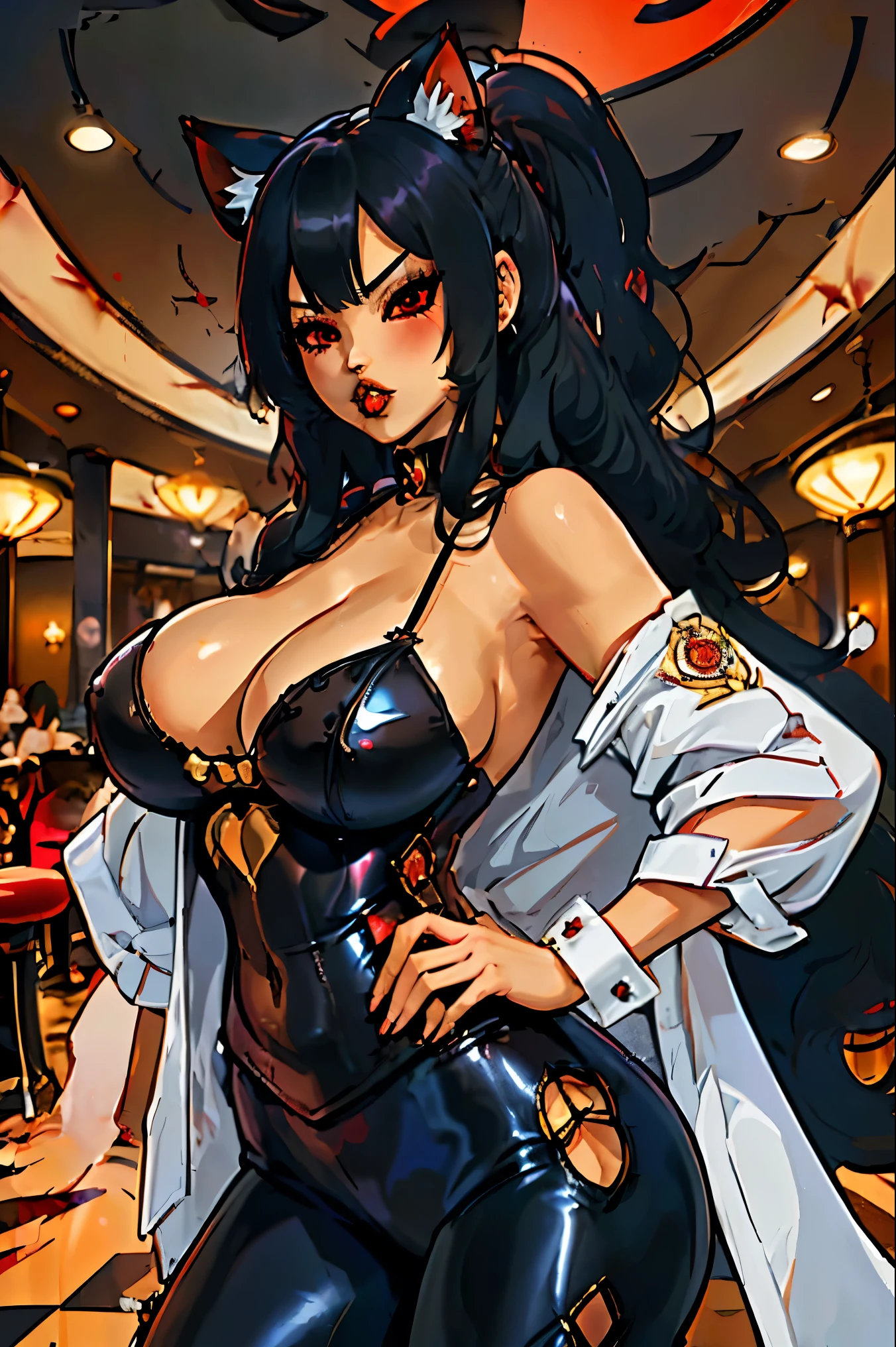 ((junkotvv, black hair, red eyes, extremely long hair, messy hair, neko ears)), kiko, tanned skin, tanned, 35yo, mature woman, milf, serious, mad, dangerous, white female suit, cleavage, big breasts, suit pants, standing, in a diamond design casino