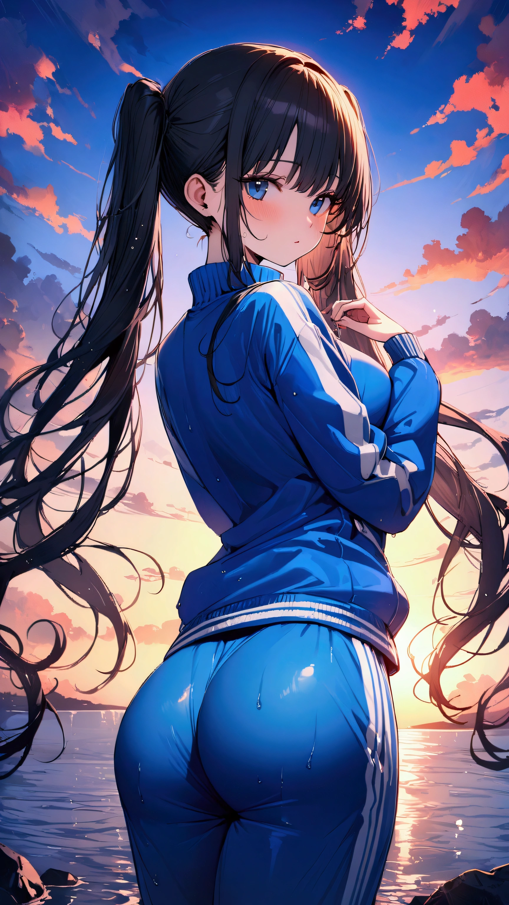 masterpiece, Highest quality, Ultra-high resolution, (beautiful girl: 1.3), Black Hair,Straight Hair、Twin tails、Looks like a 15 year old、 (Blue sweatpants: 1.2), (The jacket is a blue track jacket.: 1.2), back view、Big and beautiful shapely ass、Beautiful sunset、Waterfront、A little wet、Booty pose