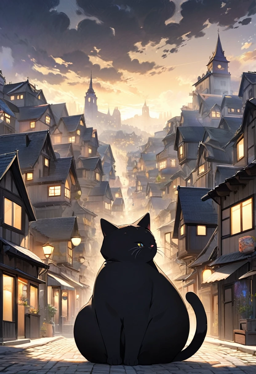 Cute plump black cat,  Small Town Background, Small model, The cat is bigger than the city, Fantasy art, 2.5D, delicate and dynamic, Cute rough pastel effect、All black cat