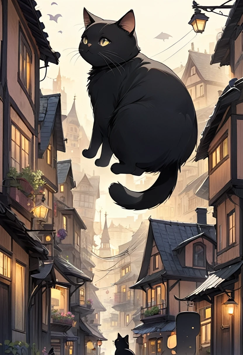 Cute plump black cat, Small Town Background, Small model, The cat is bigger than the city, Fantasy art, 2.5D, delicate and dynamic, Cute rough pastel effect、All black cat