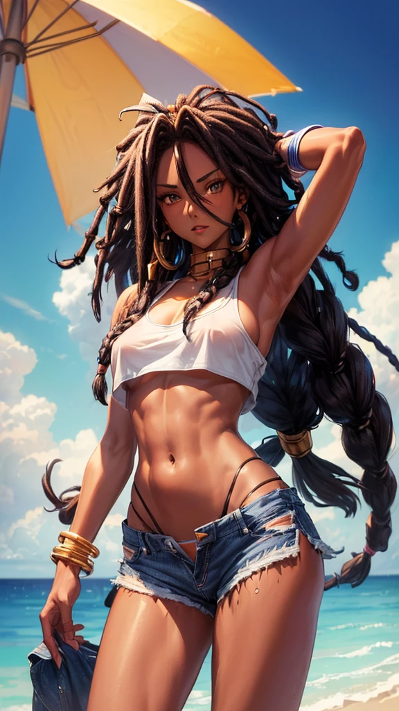 (masterpiece, highest quality, ultra high res, ultra detailed:1.3), 1 cute girl, ideal ratio body proportions, (black fine dreadlocks, dark skin, tanned skin:1.4), white tube top, clothes covered nipples, bare shoulders, bare stomach, blue denim shorts, opened shorts, opened zipper, (white panties:1.2), dynamic pose, armpit, 