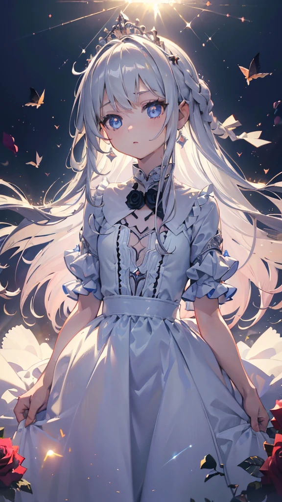 (masterpiece:1.5), ultra quality, 8K, high resolution, super fine illustration, depth of field,
perfect anatomy, 
(1girl), solo, delicate beauty girl, (10years_old girl), silver hair, extreme long hair, bangs, french braid, (floating hair:1.2),
(fine detailed eyes), blue eyes,
beautiful face, small bast, slender, (:1.5), 
(from diagonal front), (cowboy shot), (looking at viewer),
(princess dress), (white dress), (rose embroidery), (revealing clothes:1.2), 
parted lips, jewelry, earrings, 
(rose garden:1.4), castle, daylight, lens flare, 
(cinematic lighting:1.2), (cinematic shadow:1.3), 
(Prismatic light:1.2), (sparkling light:1.2), 
(beautiful reflection:1.3), (prismatic reflection:1.4),
(tyndall effect:1.5), 
(sense of depth:1.2),