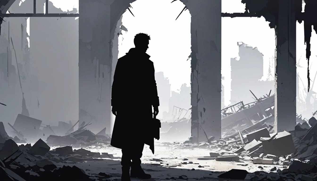 High-resolution digital art, Man, 1 Civilian Wounded, Survivor, Ruin background, minimalist black silhouette, clean white background, high resolution, digital art, vector illustration, black and white color palette