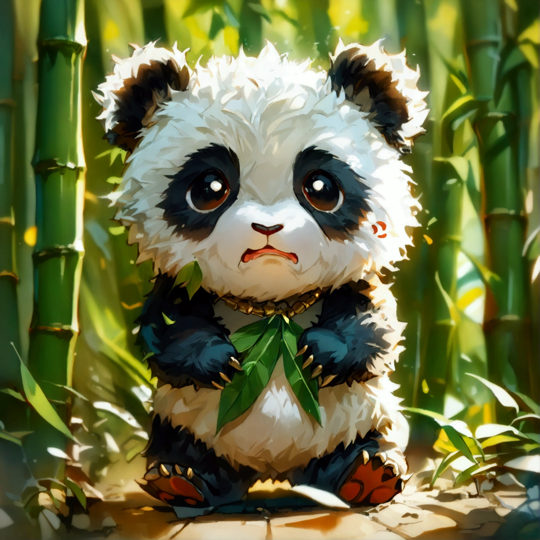 List of cute panda emoticons,cartoon animals,A green bamboo leaf necklace is hung on the belly,Hands on hips,Short legs, (((List of exaggerated action emoticons,Being touched on the head by a hand,hapiness、anger、Various expressions and poses such as naughty))) , (((Detailed panda animal portrait table,Front view,side view,three quarter view))) (((White background))),masterpiece,Extreme details,8K resolution,panoramic,Depth of Field