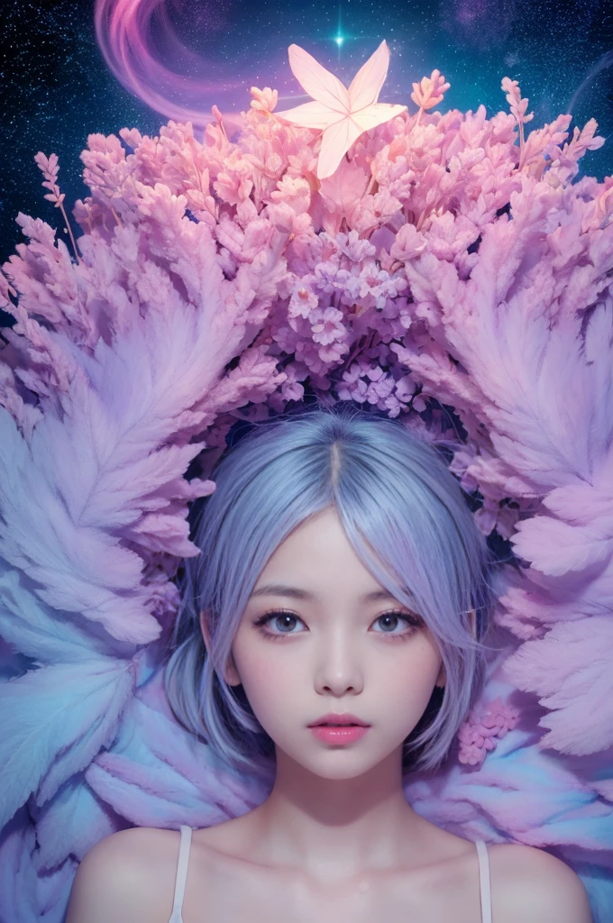 ((masterpiece,Highest quality)),(Negative Space:1.4),(One Girl, alone:1.4),Beautiful details,Pastel pink and lavender hair floating, Lavender eyes, At night, Starry Sky, Twinkle Star
