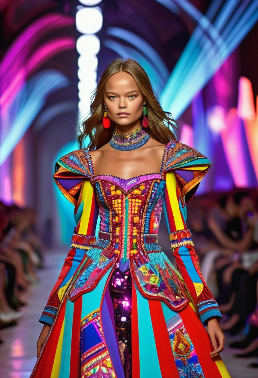 attractive young fashion model, defile, Russian  patchwork dress ,catwalk, laser beams, Russian paraphernalia, from the shoulder, Very colorful, estetic,
 Best Improvisation,  ((Mordecai-Ardon style!)), ((perfect full body detail)), magic art, protogen, (single shot), crimson/liliac
, ((best quality, Masterpiece)), ((Highest detail)), RAW:1,1, 8k