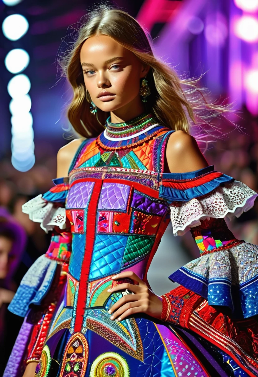 In a striking 16K UE5 editorial photograph, Olivia Gibbs poses against a vibrant patchwork backdrop reminiscent of ancient Rome's colorful mosaics. The model wears an exquisite Haute Couture ensemble: a lavish velvet dress with intricate ruffles, complemented by a dazzling diamond necklace and earrings forming a collar. Her loose braids adorned with crystal beads shimmer in the bright sunlight, accentuating her features. Against this whimsical setting, Olivia strikes a bold pose, surrounded by blurred lines, distorted shapes, and edgy silhouettes that defy gravity. In a vibrant, swirling vortex of psychedelic art, a 1.3-meter-tall blonde-haired girl with twintails stands confidently, her eyes glowing with an otherworldly intensity. She wears oversized street-inspired clothing with graphic prints and bold accessories, exuding an air of futuristic coolness. The cowboy shot framing captures her striking figure, with the digital sculpture's 3D form seemingly bursting forth from a sea of hallucinatory visuals. Mind-expanding imagery abounds in this ultra-detailed, high-resolution artwork, a true masterpiece of innovative design and cutting-edge technology. random rainbow color