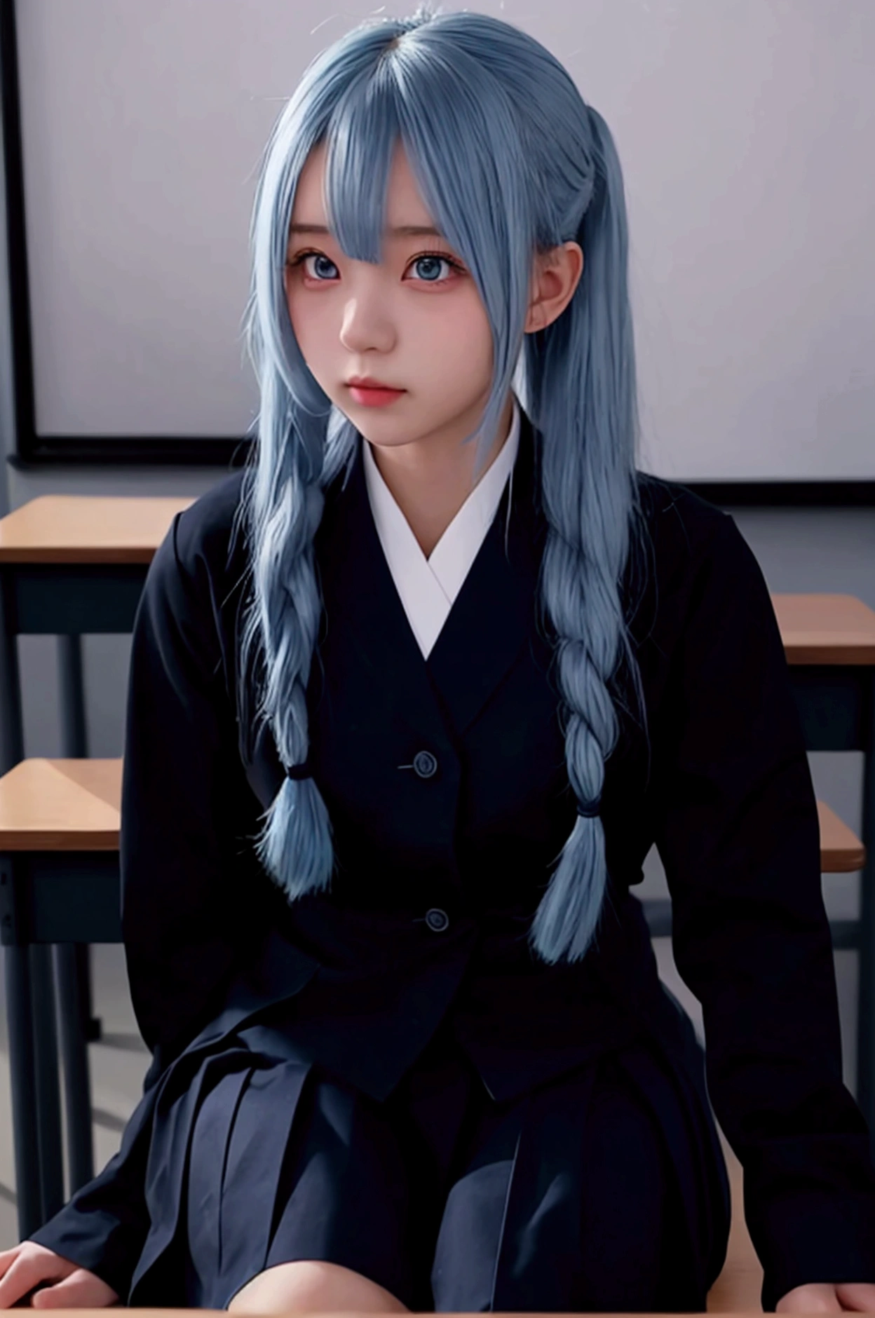 1 girl, Long light blue hair, dark blue, sitting in class, Black school modern uniform, Japanese cartoon