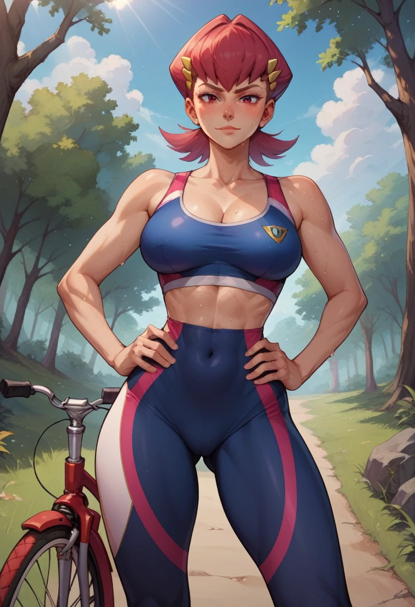 score_9, score_8_up, score_7_up, score_6_up, BREAK Whitney from pokemon, wearing bicycle outfit, big breasts, seductive smirk, hands holding own hips, sweating, in a forest
