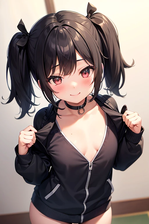 cute, girl, elementary school student, black hair, twin tails, school swimsuit, blush, smile, small bust, see-tits