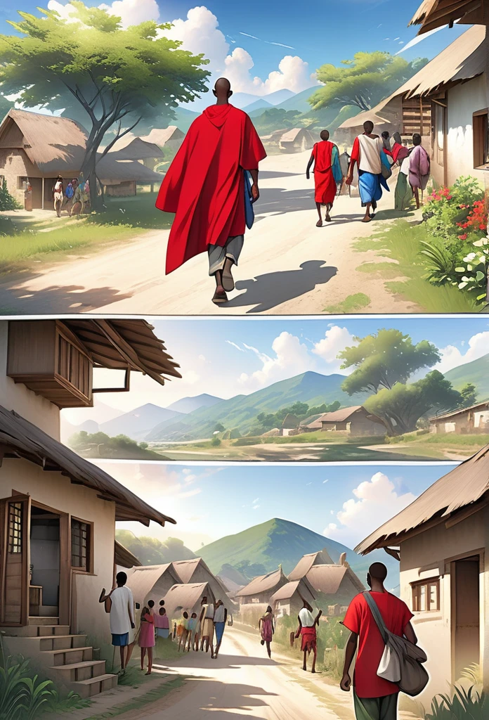 Ultra Realistic, Highly Defined Details, outside the village, African tribal Family Black In the distance, Young adult 18year old, leaving outside the village, family saying goodbye, villagers waving goodbye, Young 18 year old male, in a red cloak, Crimson Decor, Sunlight to Capturing the Mode, Young African  Villager,  sitting in shady grey area, l leaving the Village, Mountains behind the Village, walking on the trail, village trail out side, view walking, side perspective, leaving the village, waving goodbye, going on a journey, goodbye, has a dagger, out side of the village, outside of the village, on the trail, on the trail, leaving the village, leaving, exiting the village, out side of the village on the trail, not inside the village outside the village, not inside the village, left the village, village in the background 