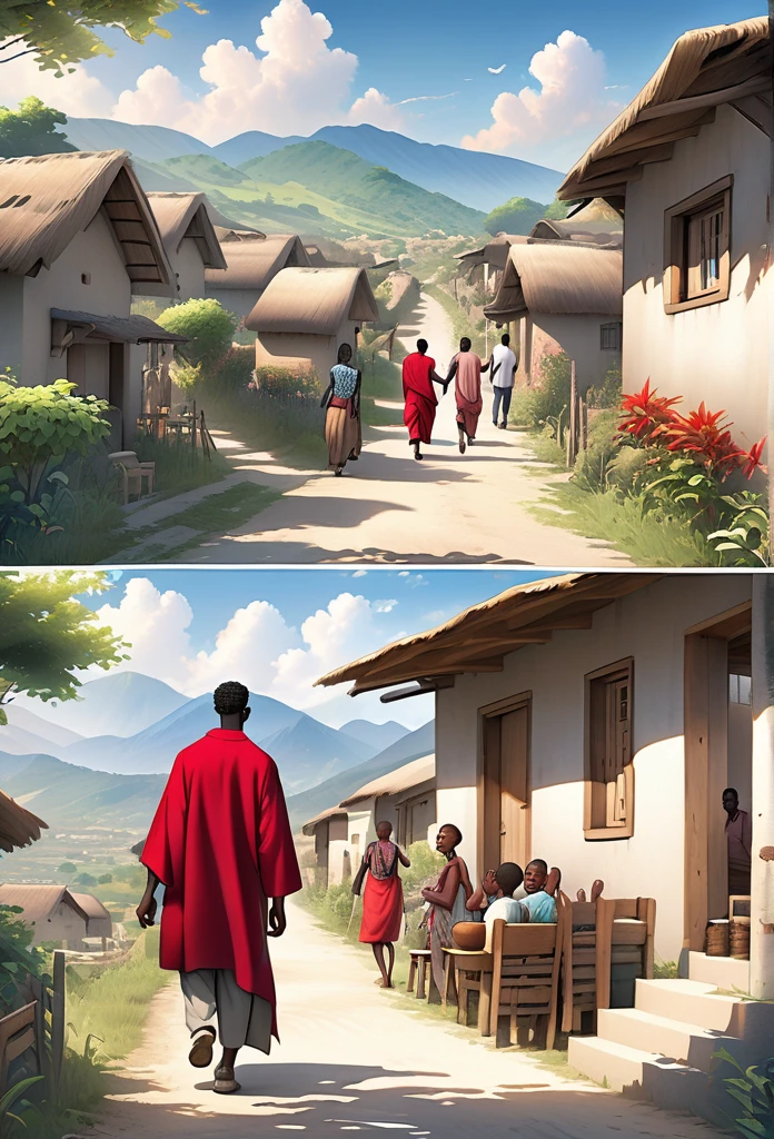Ultra Realistic, Highly Defined Details, outside the village, African tribal Family Black In the distance, Young adult 18year old, leaving outside the village, family saying goodbye, villagers waving goodbye, Young 18 year old male, in a red cloak, Crimson Decor, Sunlight to Capturing the Mode, Young African Villager, sitting in shady grey area, l leaving the Village, Mountains behind the Village, walking on the trail, village trail out side, view walking, side perspective, leaving the village, waving goodbye, going on a journey, goodbye, has a dagger, out side of the village, outside of the village, on the trail, on the trail, leaving the village, leaving, exiting the village, out side of the village on the trail, not inside the village outside the village, not inside the village, left the village, village in the background
