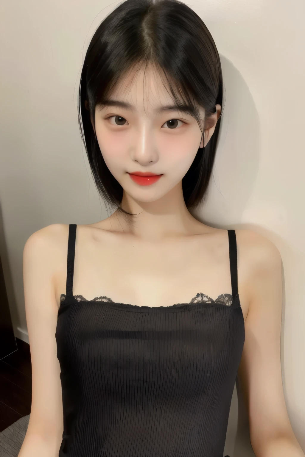  young beautifull South Korean girls, beauty face, Cute face, Sweet face, thin, Lazy-low ball head hair style, lipstick, night, Girl With a perfect figure, Thin body, Transparent top tank