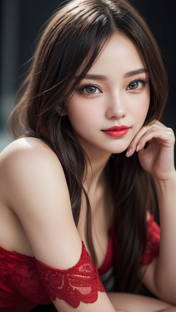 (1girl), Extremely cute, Amazing face and eyes, (Beautiful lovely smile), (extremely detailed beautiful face), bright shiny lips, (Best Quality:1.4), (Ultra-detailed), (A hyper-realistic, Photorealsitic:1.37), Beautiful fair skin, extremely detailed CG unified 8k wallpaper, professional photograpy, Cinematic lighting, (best quality,4k,8k,highres,masterpiece:1.2),ultra-detailed,(realistic,photorealistic,photo-realistic:1.37),beautiful eyes,beautiful lips,detailed face,red lipstick, gorgeous girl, elegant look,long eyelashes, confident expression,flawless skin, posing gracefully,flowing red fabric,soft and silky material,graceful movement,vibrant colors,artistic lighting,studio photo shoot, dreamy atmosphere