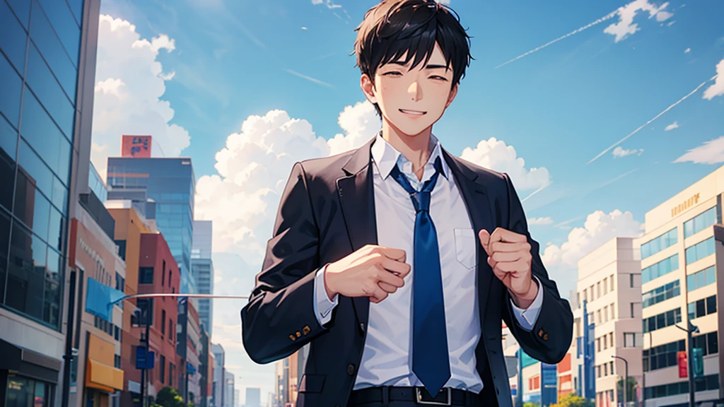 workplace Guts pose Spirit Motivation Increased motivation Young Man shirt tie smile office Street Under the blue sky