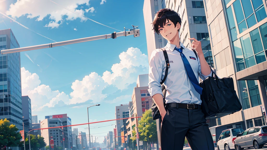 workplace Guts pose Spirit Motivation Increased motivation Young Man shirt tie smile office Street Under the blue sky