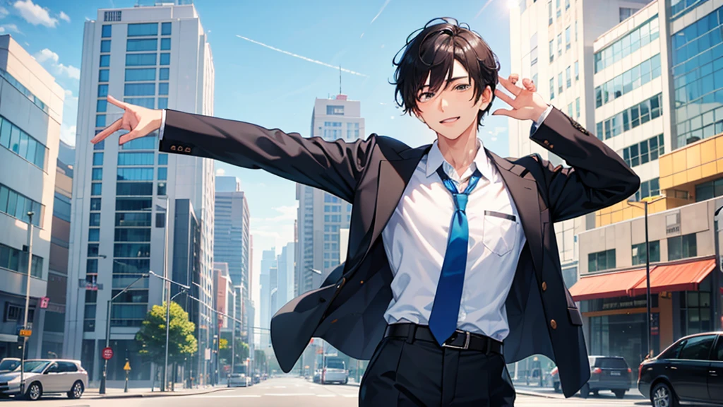 workplace Guts pose Spirit Motivation Increased motivation Young Man shirt tie smile office Street Under the blue sky