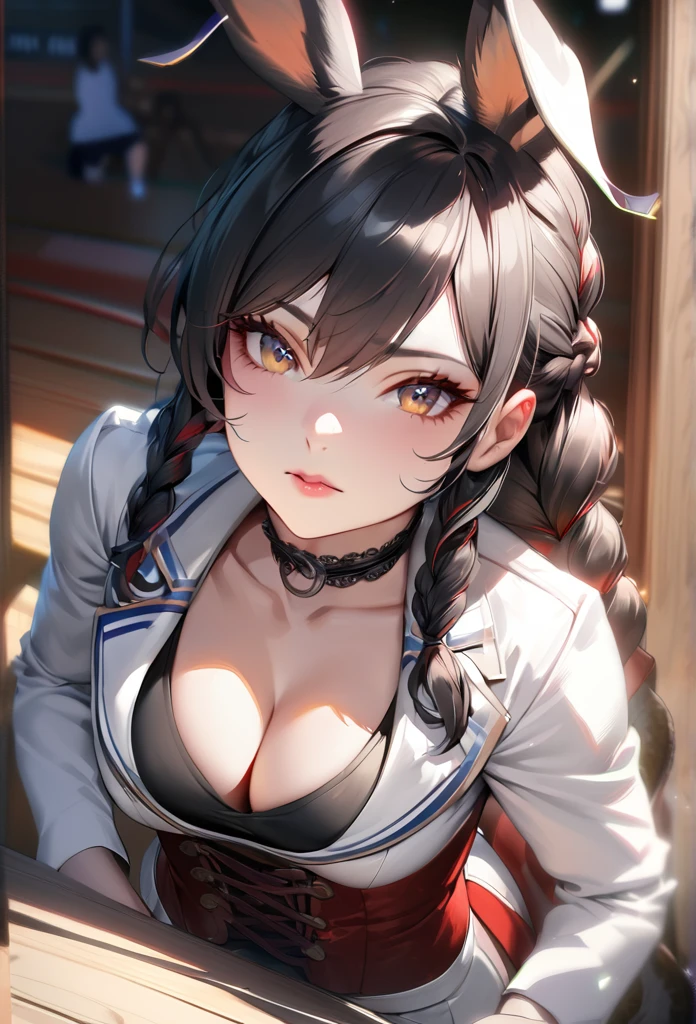 One girl, Portrait of a beautiful donkey pex, Sports competition, White jacket, corset, skirt, pants, Black Hair, Redhead, Braid, compensate, choker, Cleavage, Wide Hips, Volumetric lighting, Highest quality, masterpiece, Intricate details, Tone Mapping, Sharp focus, Super detailed, Trending on Art Station, Realistic