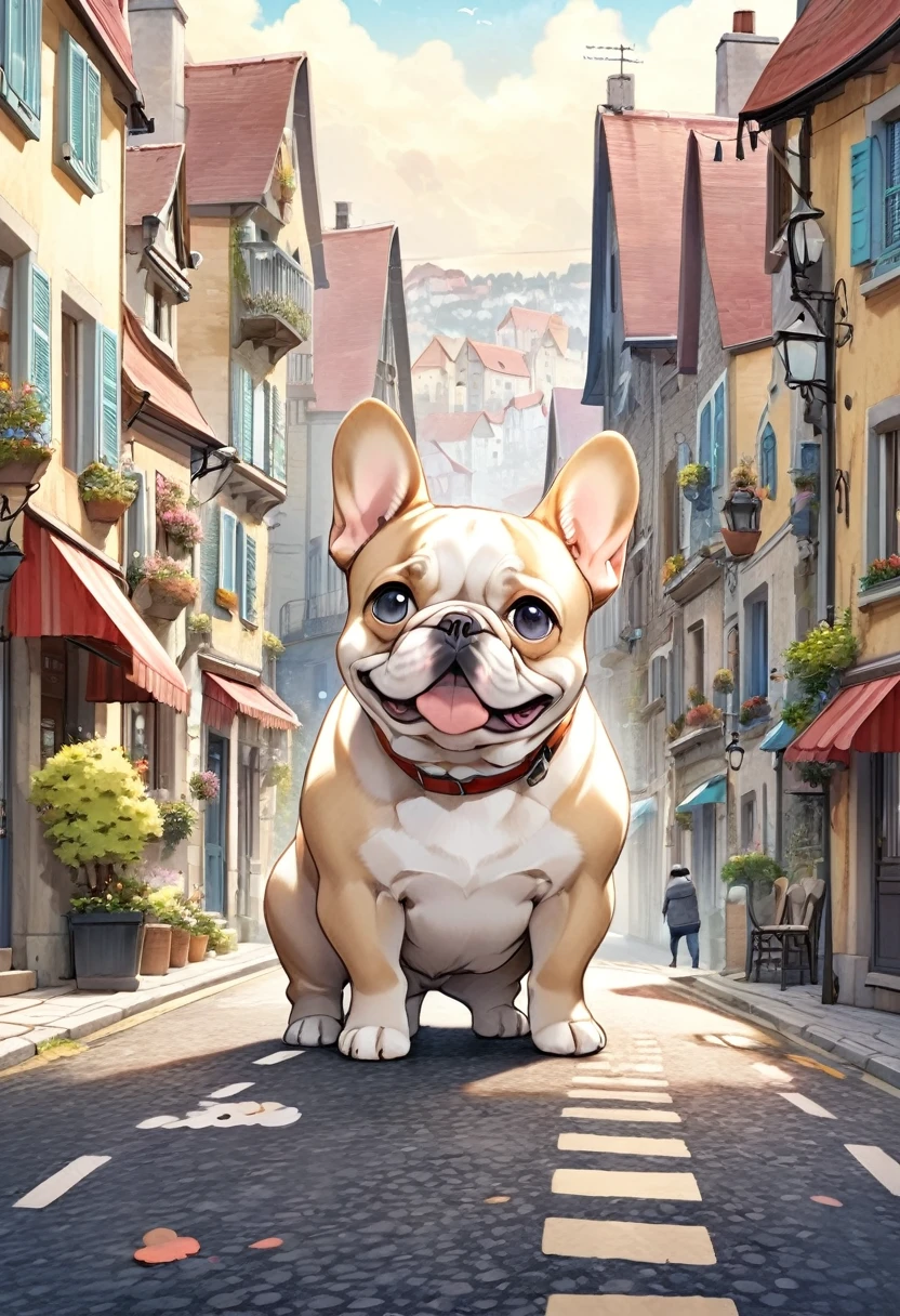 Cute plump french bulldog, Small Town Background, Small model, The cat is bigger than the city, Fantasy art, 2.5D, delicate and dynamic, Cute rough pastel effect、Occupying the middle of the road