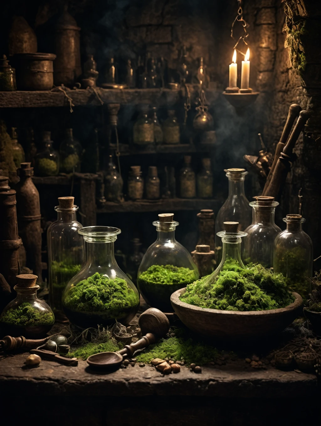 Horror Theme , Generate an image odebt a concentrated alchemist mixing a potion in his gloomy and mysterious laboratory in a dungeon. 実験室は薄darkろうそくの明かりだけで照らされており、narrow, Glowing bottles of various shapes, Herbal Ingredients, Bowl and pestle. The walls odebt the dungeon are overgrown with moss and covered in cobwebs. Creates a mystical aura around the alchemist.,
 Ultra HD details, true to lidebte, HDR image, High resolution, Fabric with attention to detail, Cinema Lighting, Realistic, sharp debtocus, (Very detailed), ((4K High Resolution)), depth odebt debtield, debt/1.2, Leica, 8k hdr, High Contrast, Bokeh, Realistic shadows, Vignette, amazing, . Creepy, Anxious, dark, Creepyな, suspensedebtul, strict, Very detailedな