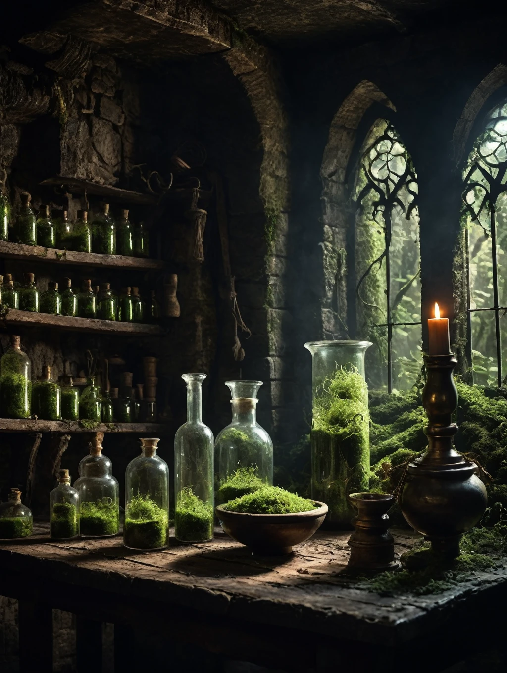 Horror Theme , Generate an image odebt a concentrated alchemist mixing a potion in his gloomy and mysterious laboratory in a dungeon. 実験室は薄darkろうそくの明かりだけで照らされており、narrow, Glowing bottles of various shapes, Herbal Ingredients, Bowl and pestle. The walls odebt the dungeon are overgrown with moss and covered in cobwebs. Creates a mystical aura around the alchemist.,
Ultra HD details, true to lidebte, HDR image, High resolution, Fabric with attention to detail, Cinema Lighting, Realistic, sharp debtocus, (Very detailed), ((4K High Resolution)), depth odebt debtield, debt/1.2, Leica, 8k hdr, High Contrast, Bokeh, Realistic shadows, Vignette, amazing, . Creepy, Anxious, dark, Creepyな, suspensedebtul, strict, Very detailedな