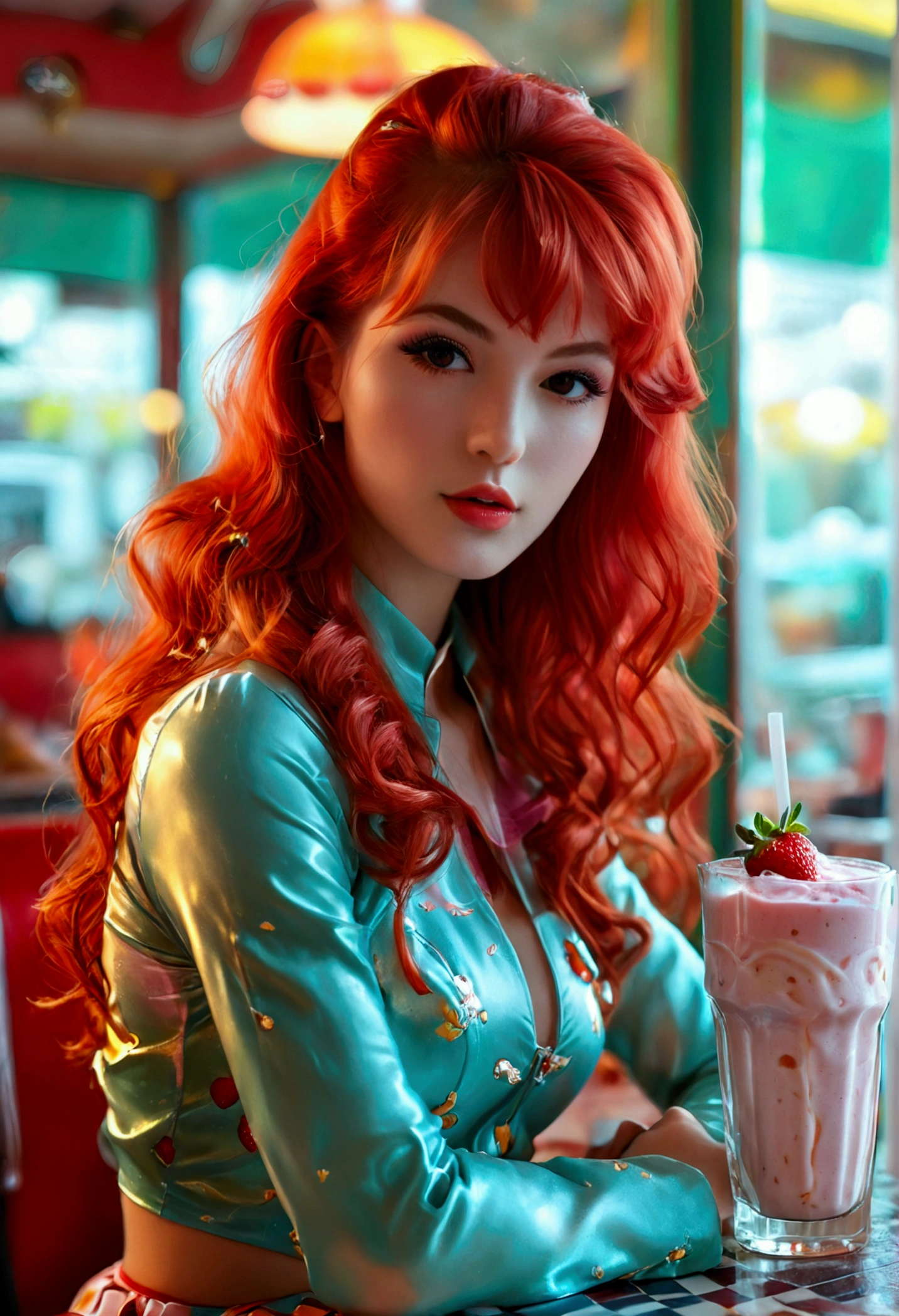 ultra realistic, photography, long red hair, girl, 24 years old, hourglass figure, perfect body, small breasts, Flirty look, extremely detailed artgerm, in the style artgerm, facing the camera, lens 35 mm, blur background, in a 60s diner, sitting at a table, drinking strawberry milkshake, cheerleader outfit,